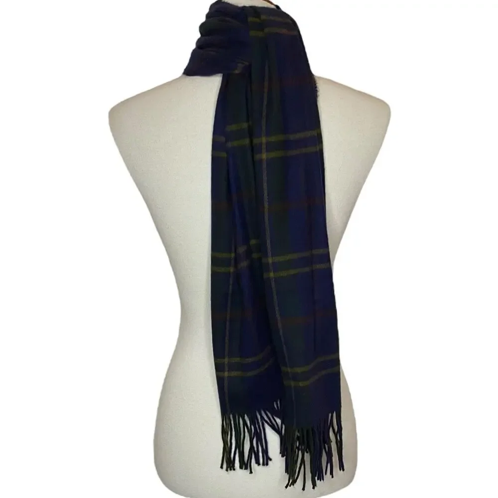 Geoffrey Beene Plaid Cashme 100% Acrylic Scarf Blue Fringe One Size Italy Unisex